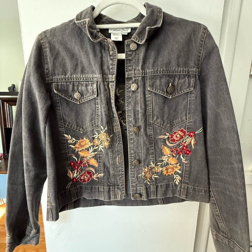 Coldwater Creek Charcoal Denim Jacket with Floral Embroidery